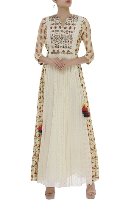 Label Anushree Off White Embroidery Hand Printed Maxi Dress  