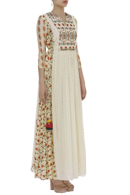 Label Anushree_Off White Hand Embroidered Printed Maxi Dress _Online_at_Aza_Fashions