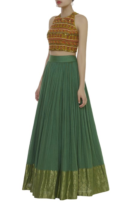 Buy_Label Anushree_Green Banarasi Silk Embroidery Halter Neck Hand Blouse With Lehenga  _Online_at_Aza_Fashions
