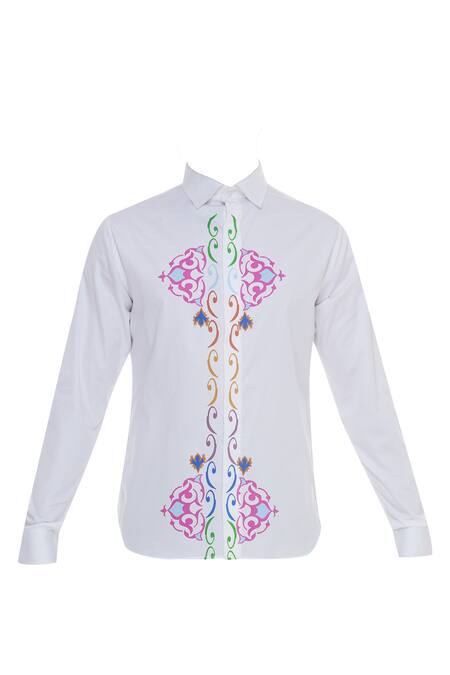 Shop Manoviraj Khosla Stencil Printed White Shirt Online at Aza Fashions Shop_Manoviraj Khosla_Stencil Printed White Shirt_Online_at_Aza_Fashions