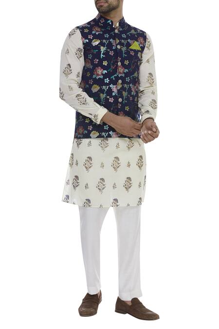 Manoviraj Khosla Blue Floral Printed Nehru Jacket