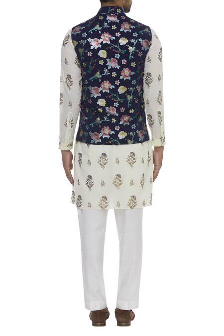 Shop Manoviraj Khosla Blue Floral Printed Nehru Jacket at Aza Fashions Shop_Manoviraj Khosla_Blue Floral Printed Nehru Jacket_at_Aza_Fashions