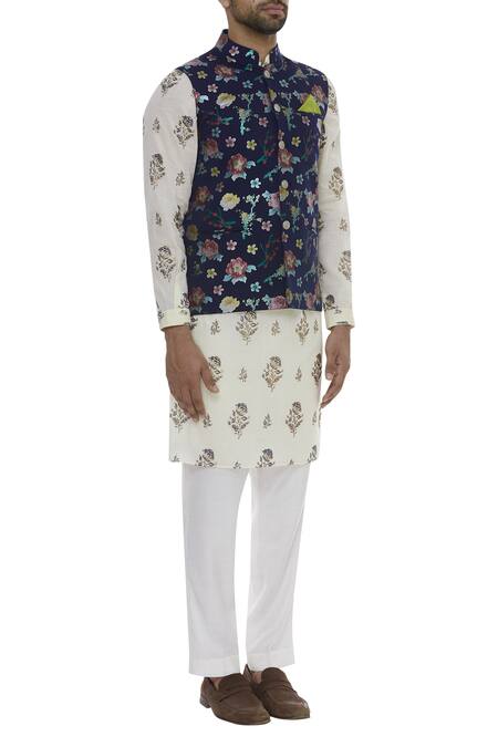 Manoviraj Khosla Blue Floral Printed Nehru Jacket Online at Aza Fashions Manoviraj Khosla_Blue Floral Printed Nehru Jacket_Online_at_Aza_Fashions