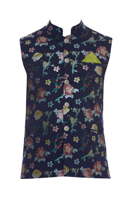 Buy Manoviraj Khosla Blue Floral Printed Nehru Jacket Online at Aza Fashions Buy_Manoviraj Khosla_Blue Floral Printed Nehru Jacket_Online_at_Aza_Fashions