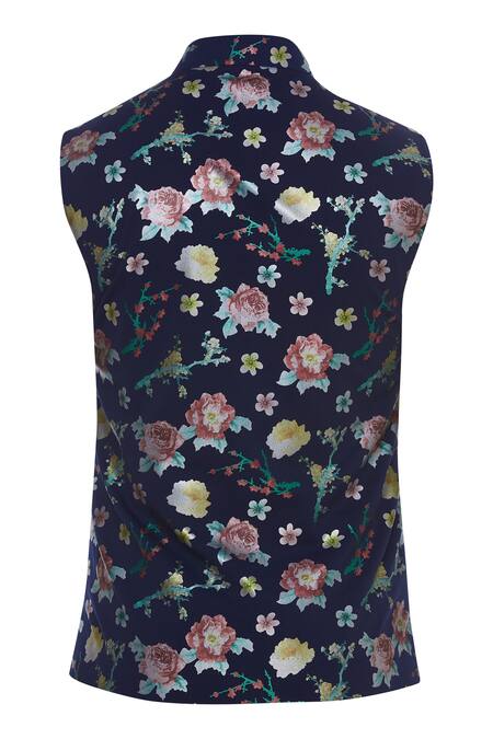 Shop Manoviraj Khosla Blue Floral Printed Nehru Jacket Online at Aza Fashions Shop_Manoviraj Khosla_Blue Floral Printed Nehru Jacket_Online_at_Aza_Fashions