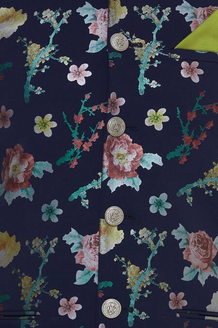 Manoviraj Khosla Blue Floral Printed Nehru Jacket at Aza Fashions Manoviraj Khosla_Blue Floral Printed Nehru Jacket_at_Aza_Fashions