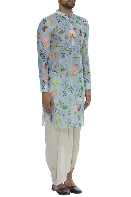 Pranay Baidya_Blue Printed Full Sleeves Kurta _Online_at_Aza_Fashions