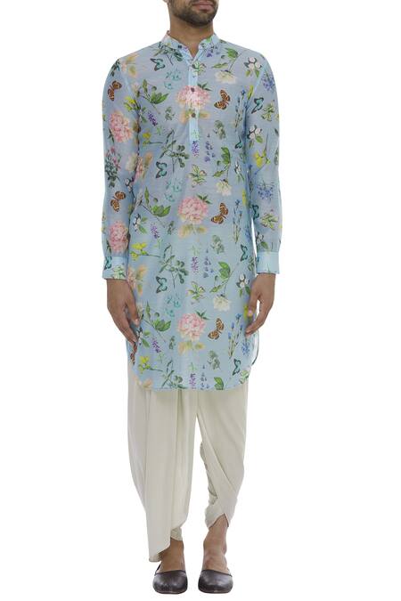 Shop_Pranay Baidya_Blue Printed Full Sleeves Kurta _Online_at_Aza_Fashions