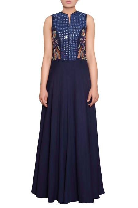 Purvi Doshi_Blue Parsi And Mirror Embroidered Gown_Online_at_Aza_Fashions