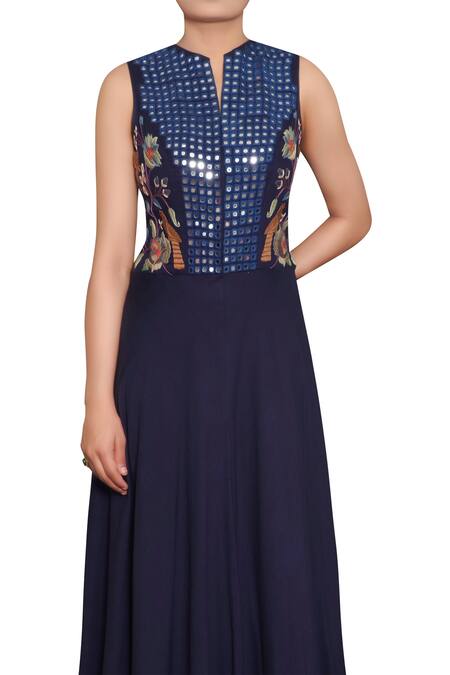 Buy_Purvi Doshi_Blue Parsi And Mirror Embroidered Gown_Online_at_Aza_Fashions
