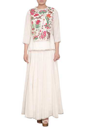Purvi Doshi_Off White Mirror Work Embroidered Hem Skirt_Online_at_Aza_Fashions