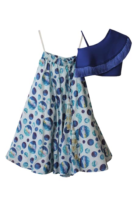 PWN Blue One Shoulder Tassel Top With Printed Skirt  