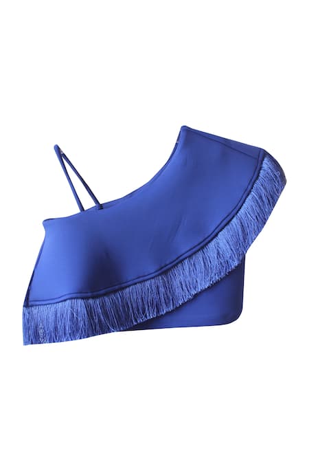 Pwn_Blue One Shoulder Tassel Blouse And Printed Skirt_Online_at_Aza_Fashions