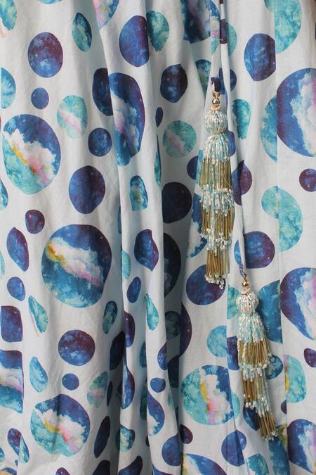 Shop_Pwn_Blue One Shoulder Tassel Blouse And Printed Skirt_Online_at_Aza_Fashions