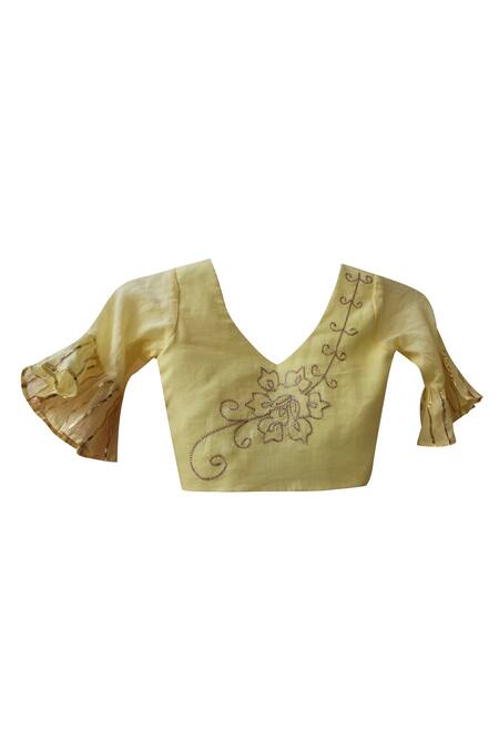 Pwn_Yellow Flared Sleeve Blouse With Shaded Lehenga_Online_at_Aza_Fashions
