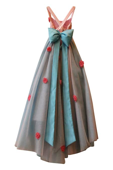 Shop_Pwn_Blue Satin, Net Fabric Flowers, Sequins Trail Gown With Handmade Embellishment _at_Aza_Fashions