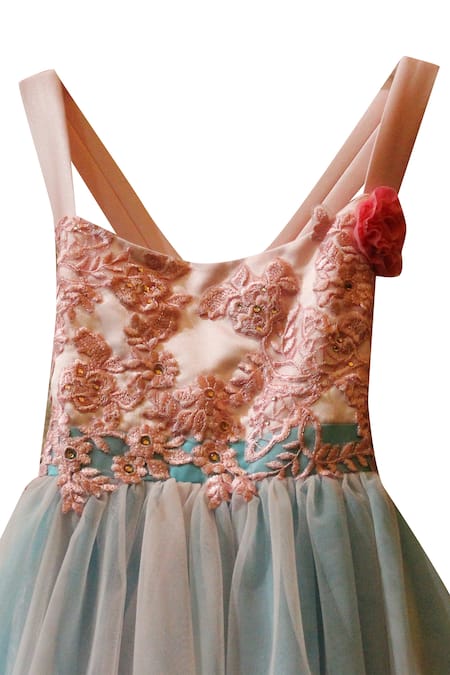 Pwn_Blue Satin, Net Fabric Flowers, Sequins Trail Gown With Handmade Embellishment _Online_at_Aza_Fashions