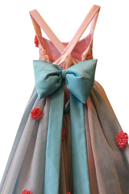 Buy_Pwn_Blue Satin, Net Fabric Flowers, Sequins Trail Gown With Handmade Embellishment _Online_at_Aza_Fashions