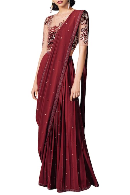 Mishru Maroon Pre-pleated Applique Embroidered Saree