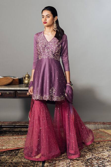 Mishru Purple Chanderi Kurta Sharara Set