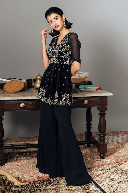 Mishru Black Leaf Embroidered Peplum Top Palazzo Set