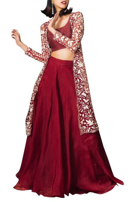 Mishru Red Organza, Net Thread Round Embroidered Jacket Lehenga Set Online at Aza Fashions Mishru_Red Organza, Net Thread Round Embroidered Jacket Lehenga Set_Online_at_Aza_Fashions