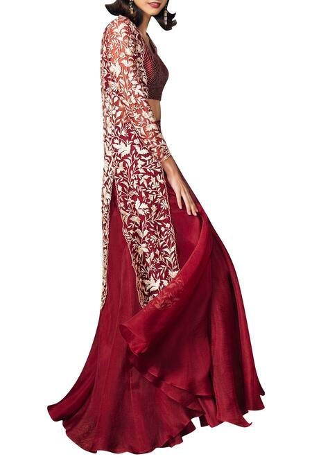 Shop Mishru Red Organza, Net Thread Round Embroidered Jacket Lehenga Set at Aza Fashions Shop_Mishru_Red Organza, Net Thread Round Embroidered Jacket Lehenga Set_at_Aza_Fashions