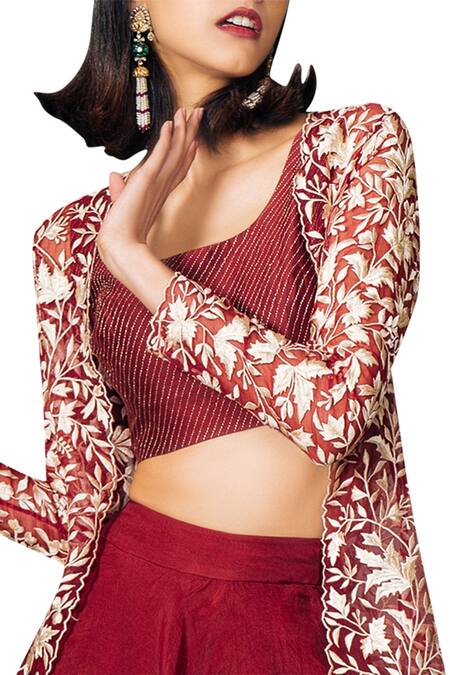 Buy Mishru Red Organza, Net Thread Round Embroidered Jacket Lehenga Set Online at Aza Fashions Buy_Mishru_Red Organza, Net Thread Round Embroidered Jacket Lehenga Set_Online_at_Aza_Fashions