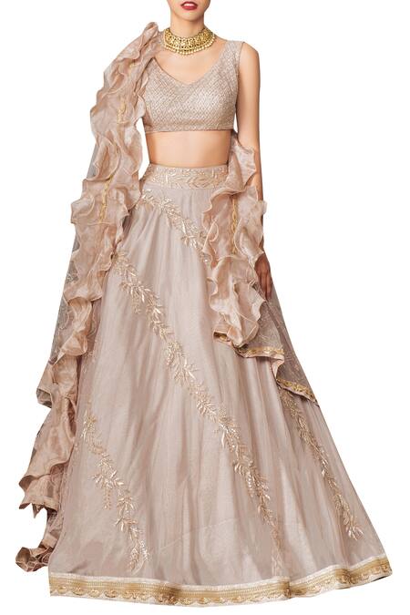 Mishru_Pink Chanderi Embroidery Thread V Ruffle Dupatta And Lehenga Set_Online_at_Aza_Fashions