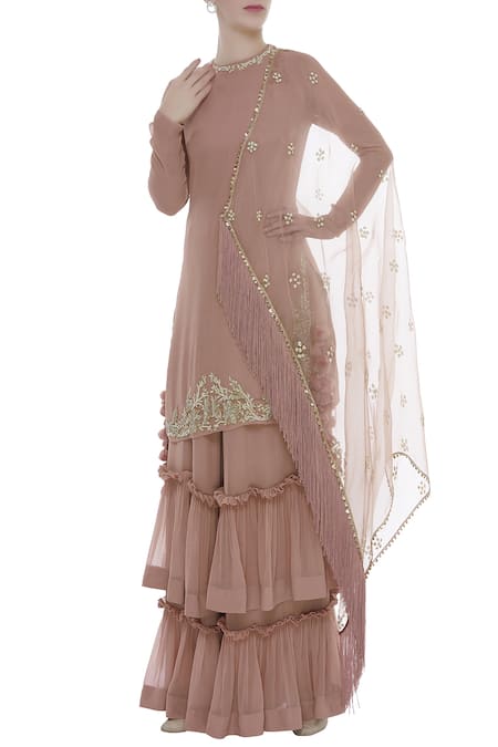 POOJA SHROFF Beige Tassel Pearl Embroidered Kurta Sharara Set