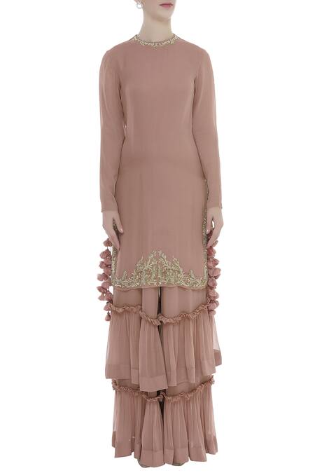 Pooja Shroff_Beige Tassel Pearl Embroidered Kurta Sharara Set_Online_at_Aza_Fashions