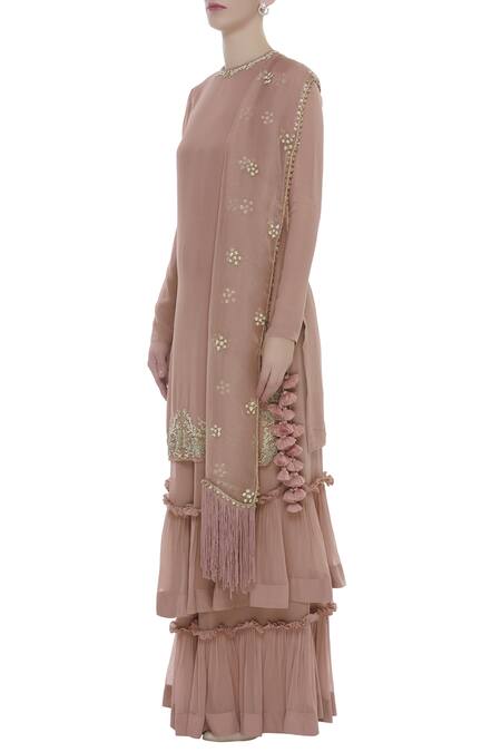 Buy_Pooja Shroff_Beige Tassel Pearl Embroidered Kurta Sharara Set_Online_at_Aza_Fashions