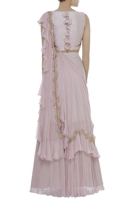 Shop Shruti Ranka Pink V Neck Hand Embroidered Cutdana Lehenga Set at Aza Fashions Shop_Shruti Ranka_Pink V Neck Hand Embroidered Cutdana Lehenga Set_at_Aza_Fashions