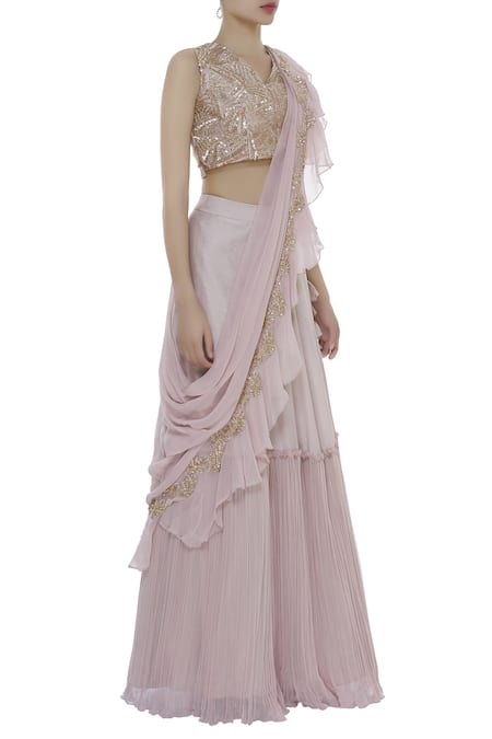 Shruti Ranka Pink V Neck Hand Embroidered Cutdana Lehenga Set Online at Aza Fashions Shruti Ranka_Pink V Neck Hand Embroidered Cutdana Lehenga Set_Online_at_Aza_Fashions