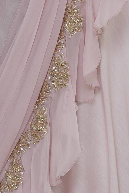 Shruti Ranka Pink V Neck Hand Embroidered Cutdana Lehenga Set at Aza Fashions Shruti Ranka_Pink V Neck Hand Embroidered Cutdana Lehenga Set_at_Aza_Fashions