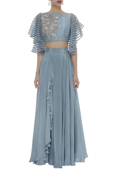 Buy_Shruti Ranka_Blue Embroidery Bateau Butterfly Sleeve Blouse With Lehenga_Online_at_Aza_Fashions