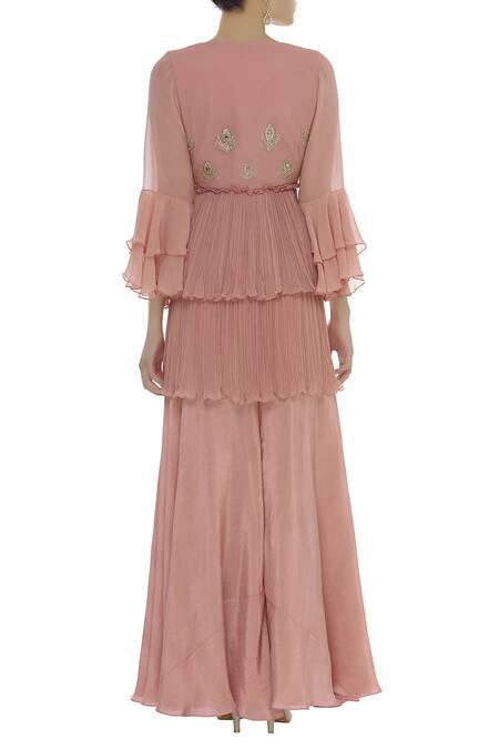 Shop Shruti Ranka Pink Embellished Smocked Blouse With Palazzo And Jacket at Aza Fashions Shop_Shruti Ranka_Pink Embellished Smocked Blouse With Palazzo And Jacket_at_Aza_Fashions