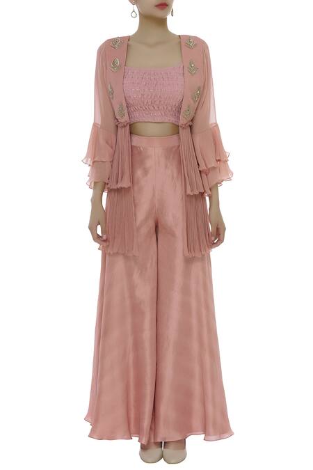 Shruti Ranka Pink Embellished Smocked Blouse With Palazzo And Jacket Online at Aza Fashions Shruti Ranka_Pink Embellished Smocked Blouse With Palazzo And Jacket_Online_at_Aza_Fashions