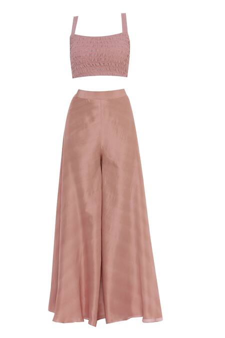 Buy Shruti Ranka Pink Embellished Smocked Blouse With Palazzo And Jacket Online at Aza Fashions Buy_Shruti Ranka_Pink Embellished Smocked Blouse With Palazzo And Jacket_Online_at_Aza_Fashions