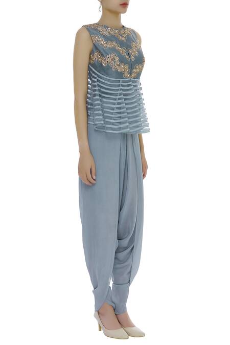 Shruti Ranka_Blue Embroidery Mirror Round Work Peplum Blouse With Dhoti Pants_Online_at_Aza_Fashions