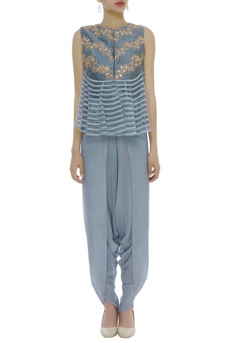 Buy_Shruti Ranka_Blue Embroidery Mirror Round Work Peplum Blouse With Dhoti Pants_Online_at_Aza_Fashions