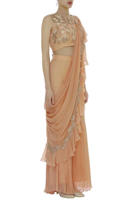 Shruti Ranka Peach Illusion Round Neck Dori Hand Embroidered Kurta Sharara Set Online at Aza Fashions Shruti Ranka_Peach Illusion Round Neck Dori Hand Embroidered Kurta Sharara Set_Online_at_Aza_Fashions