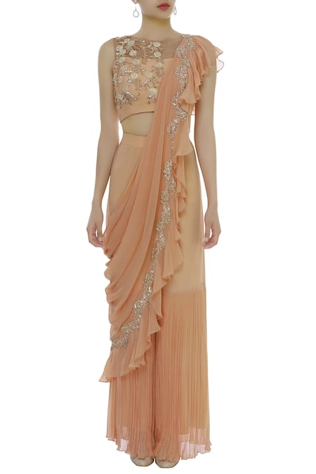 Buy Shruti Ranka Peach Illusion Round Neck Dori Hand Embroidered Kurta Sharara Set Online at Aza Fashions Buy_Shruti Ranka_Peach Illusion Round Neck Dori Hand Embroidered Kurta Sharara Set_Online_at_Aza_Fashions
