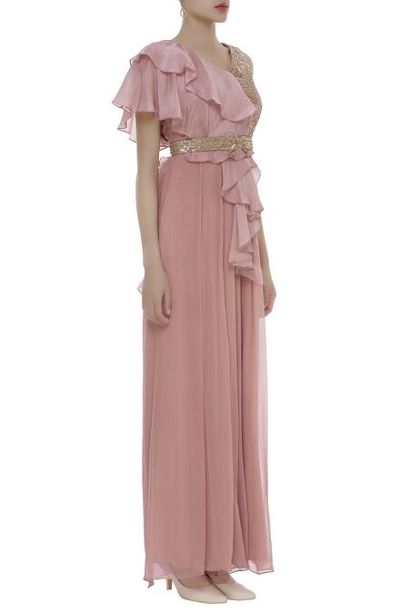 Shruti Ranka_Pink V-shaped Embellished Jumpsuit With Belt_Online_at_Aza_Fashions