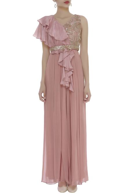 Shop_Shruti Ranka_Pink V-shaped Embellished Jumpsuit With Belt_Online_at_Aza_Fashions