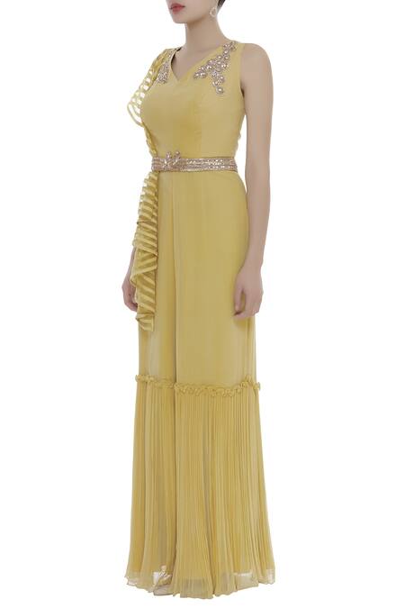 Buy_Shruti Ranka_Yellow Embellished Jumpsuit With Belt_Online_at_Aza_Fashions