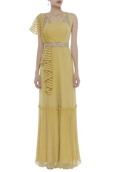 Shop_Shruti Ranka_Yellow Embellished Jumpsuit With Belt_Online_at_Aza_Fashions