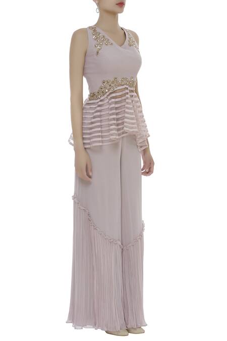 Shruti Ranka_Grey Georgette Zardozi Embroidered V-neck Mirror Peplum Top With Palazzo_Online_at_Aza_Fashions