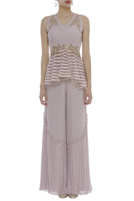 Buy_Shruti Ranka_Grey Georgette Zardozi Embroidered V-neck Mirror Peplum Top With Palazzo_Online_at_Aza_Fashions
