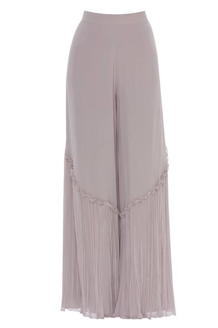 Shop_Shruti Ranka_Grey Georgette Zardozi Embroidered V-neck Mirror Peplum Top With Palazzo_Online_at_Aza_Fashions